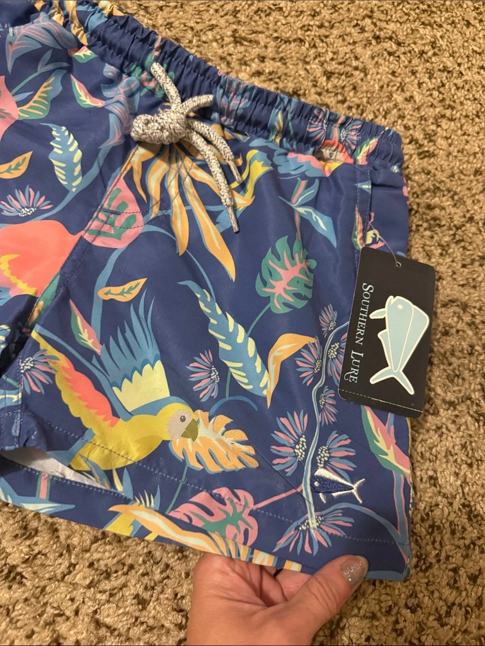 Southern Lure Boys Blue Tropical Parrot Print Drawstring Swim Trunks NWT Size 6